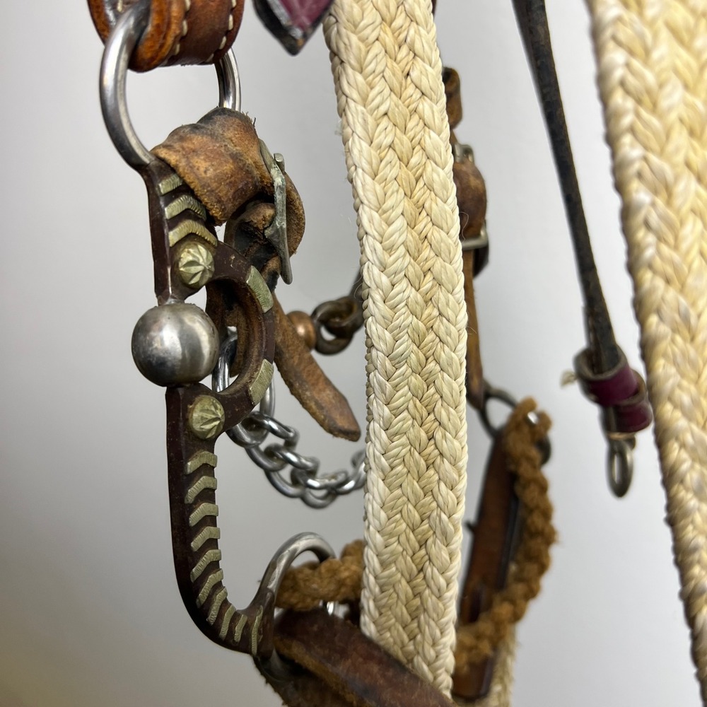 Unbranded Leather Headstall Double Diamond 7ft Reins Zebra Concho Brown Good - Picture 10 of 11